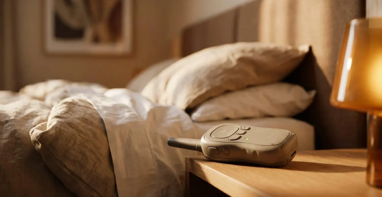 Travel walkie-talkie device on hotel bedside table enabling parent-child room-to-room communication