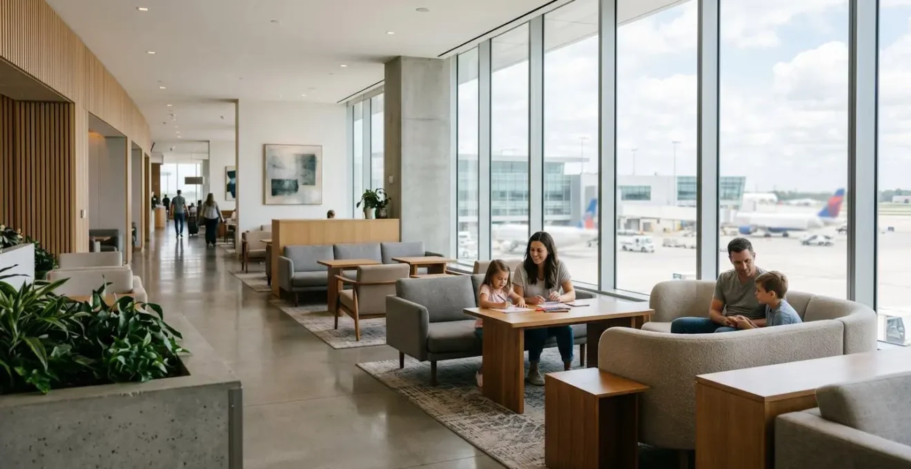 Family relaxing in modern airport VIP lounge with children playing safely in comfortable environment