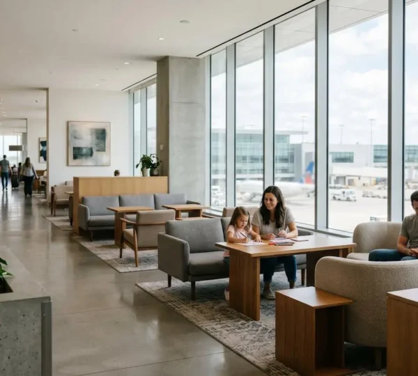 Family relaxing in modern airport VIP lounge with children playing safely in comfortable environment