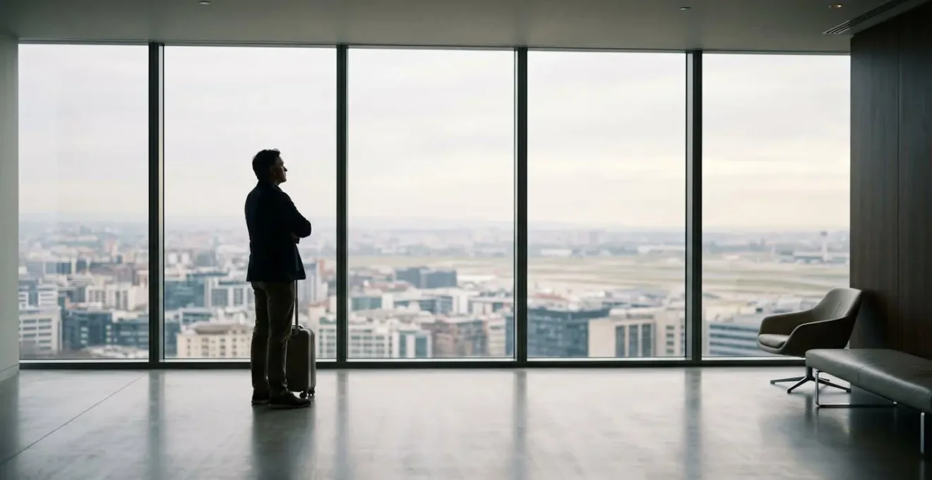 Environmental wide-angle view of traveler in contemplative pose facing a window, symbolizing the uncertainty and confusion of booking policy decisions