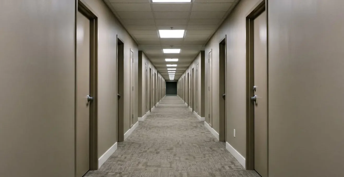 Impersonal modern hotel corridor with repetitive identical doors