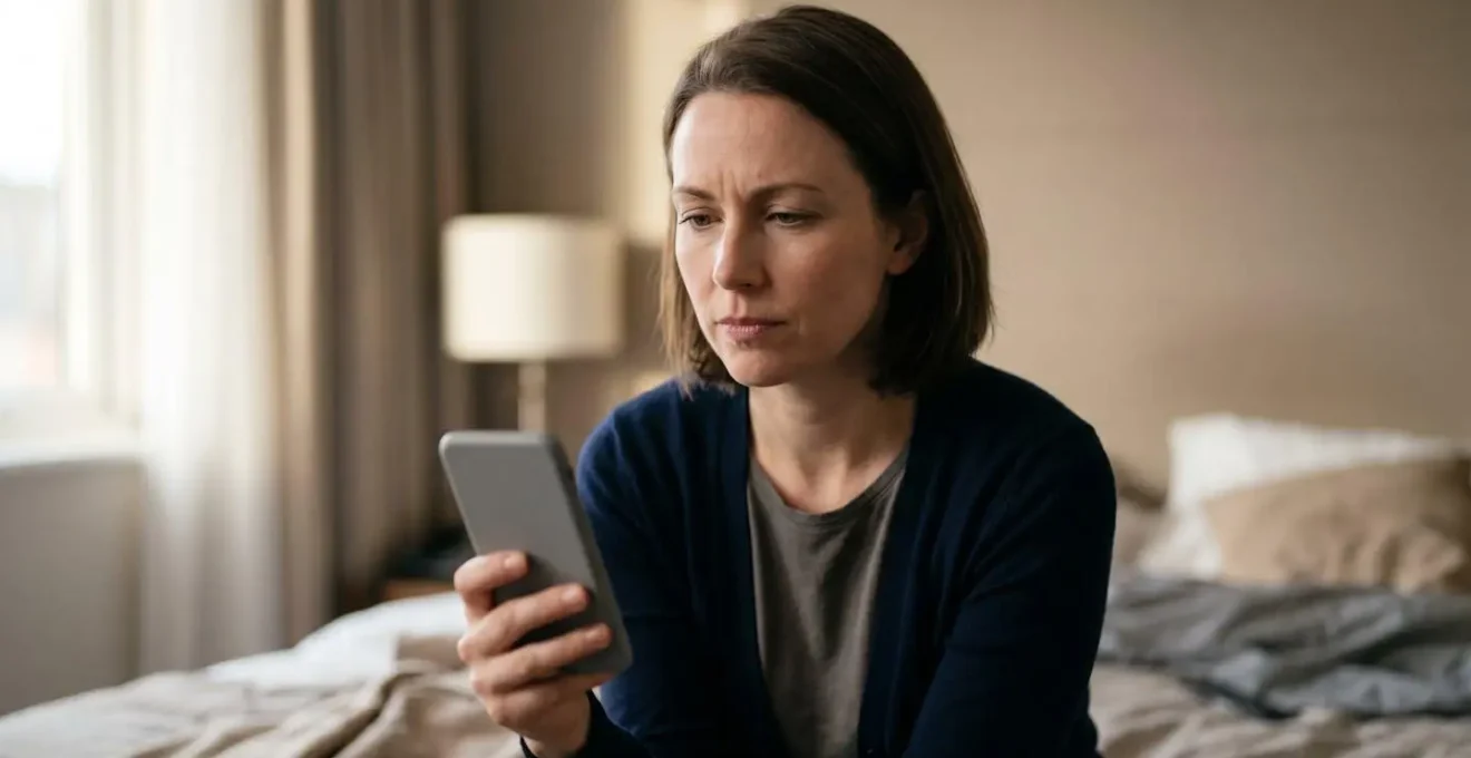 Intimate human moment capturing a hotel guest carefully documenting room conditions with thoughtful expression