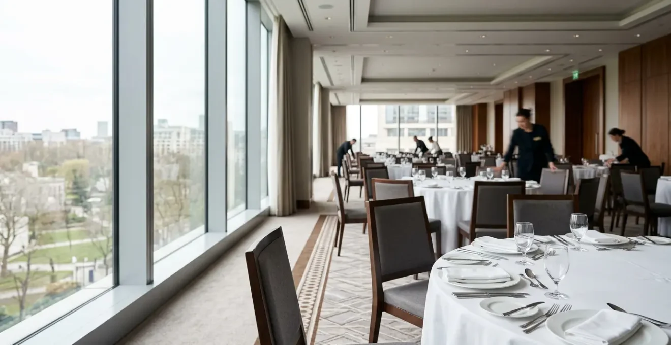 Professional corporate business event in an upscale hotel setting with attention to detail and service excellence