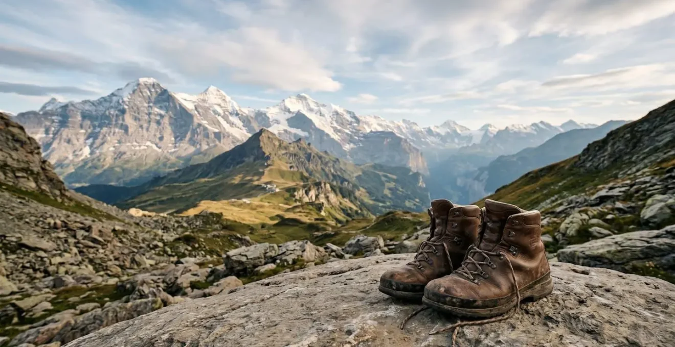 Well-worn hiking boots resting on natural stone surface in serene mountain setting