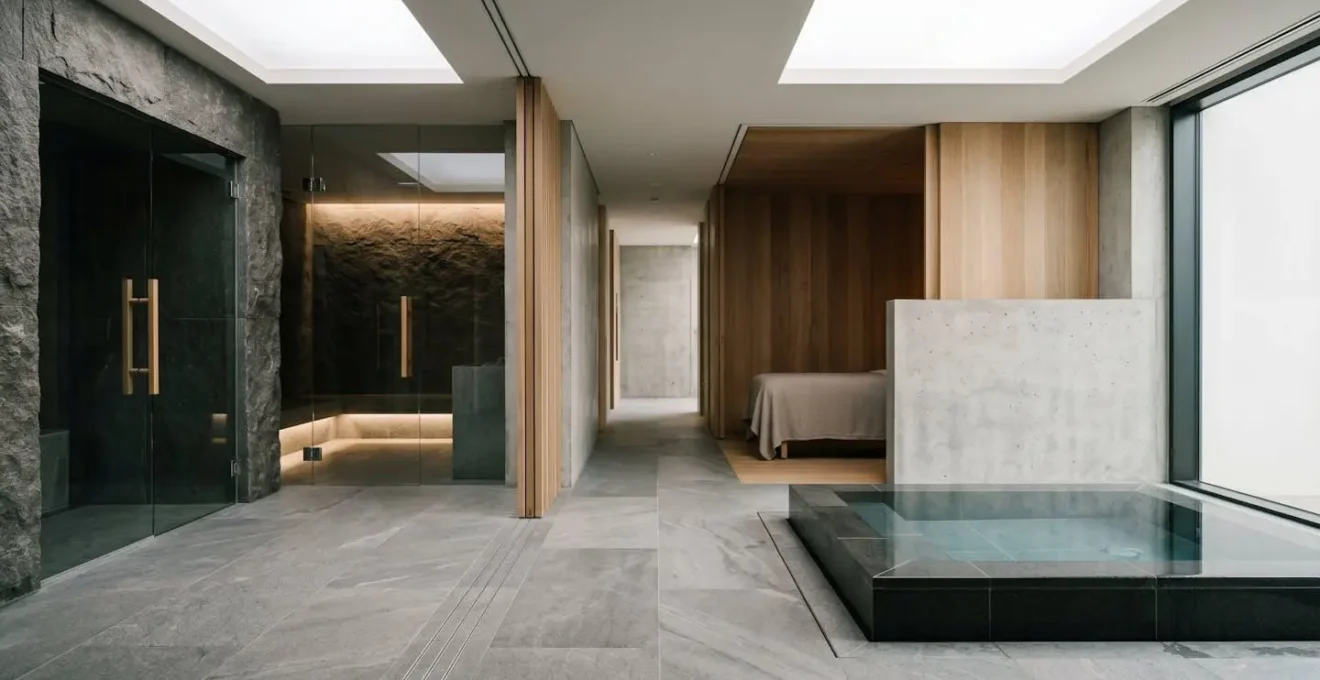 Traveler experiencing integrated recovery protocol with hydrotherapy facilities at wellness hotel
