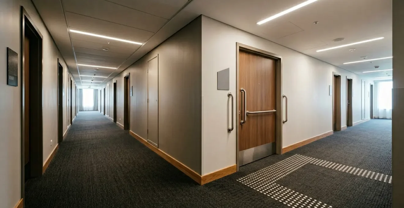 Professional accessibility audit scene showing detailed measurement and verification process in modern hotel setting