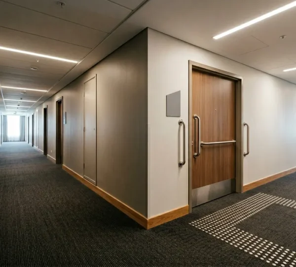 Professional accessibility audit scene showing detailed measurement and verification process in modern hotel setting