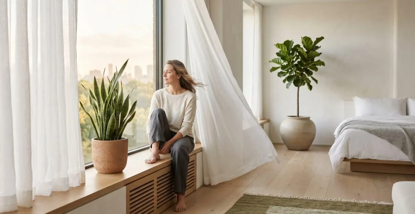 Atmospheric hotel room interior emphasizing natural airflow and ventilation design elements