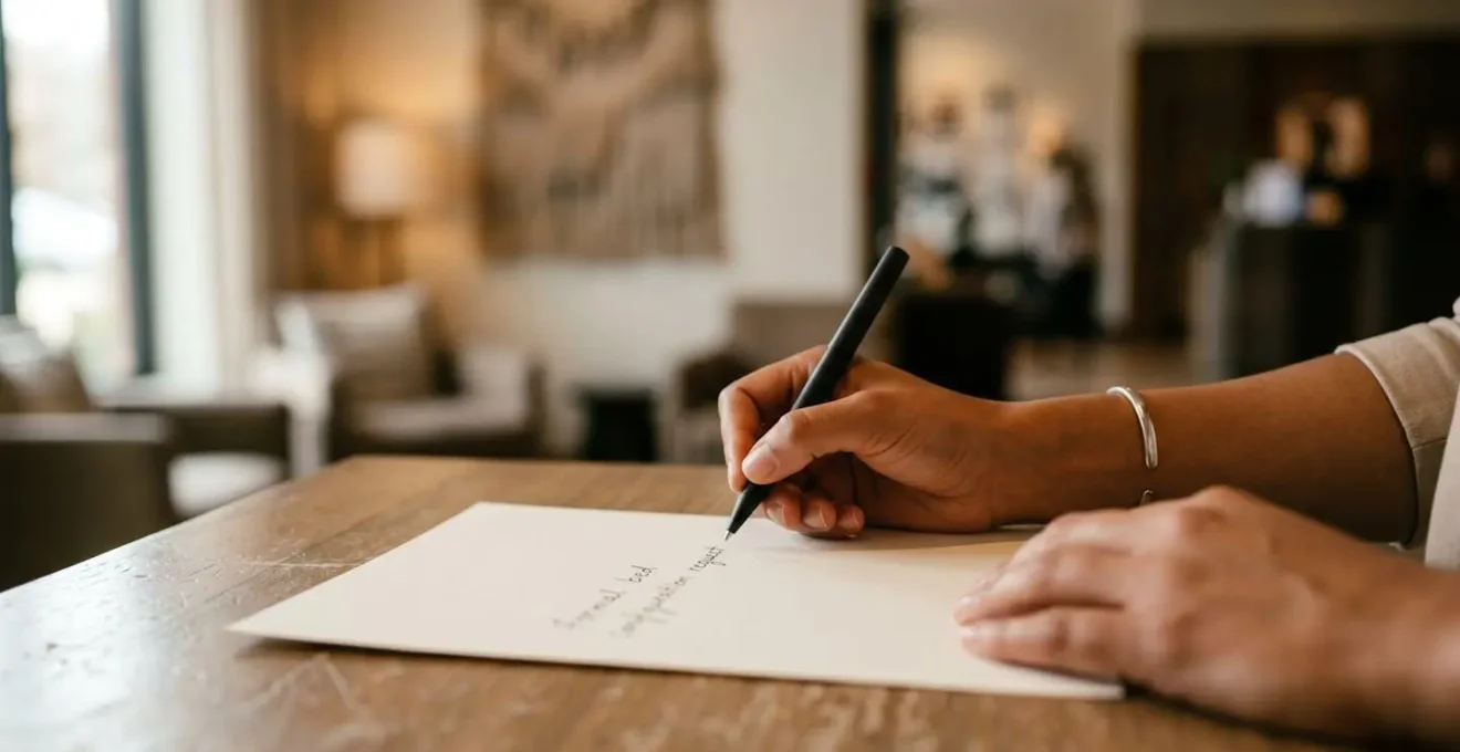 A person formally writing a bed configuration request on hotel stationery, representing the strategic process.