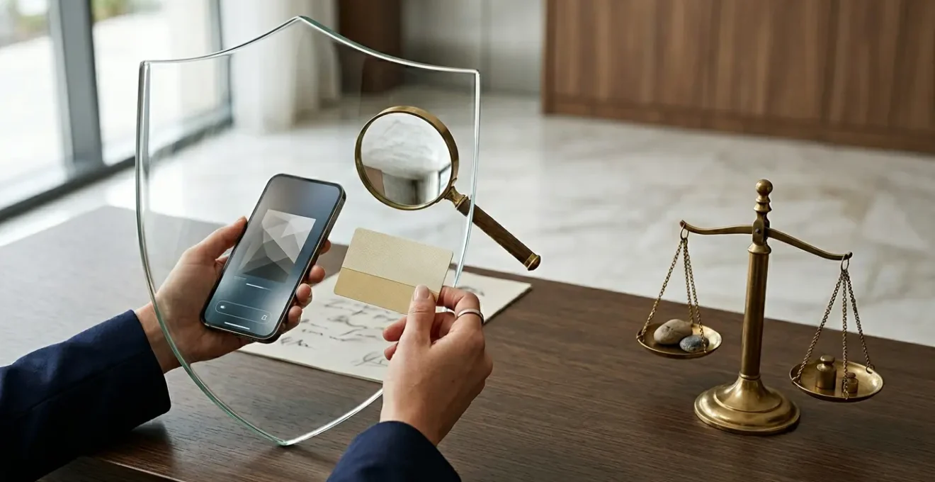 Professional scene showing confident traveler reviewing hotel booking documents with protective elements symbolizing security and flexibility