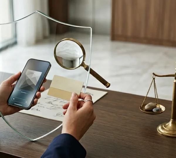 Professional scene showing confident traveler reviewing hotel booking documents with protective elements symbolizing security and flexibility