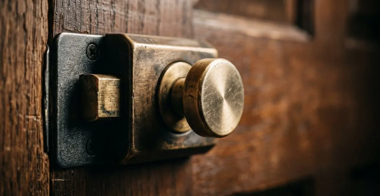 Close-up view of hotel connecting door lock mechanism showing deadbolt and security latch details