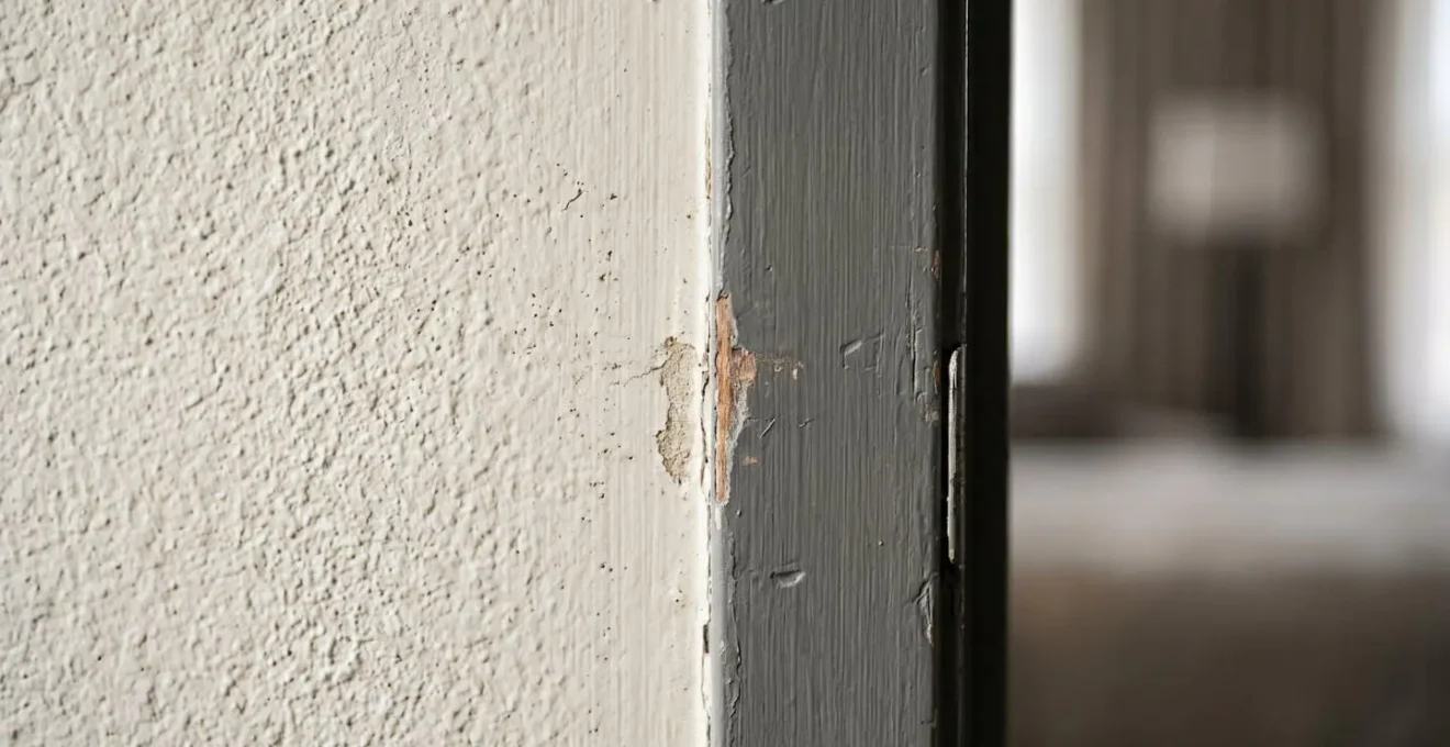Close-up view of hotel room interior showing architectural wall details and doorway perspective