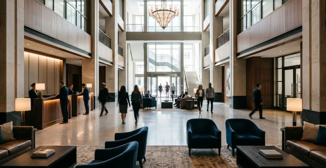 Hotel lobby during busy operational hours showing authentic service delivery and staff interactions