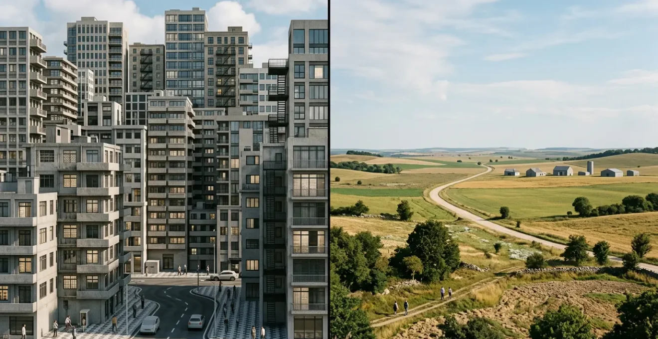 Conceptual split-screen comparison of central urban hotel versus peripheral suburban accommodation with subtle transport cost indicators