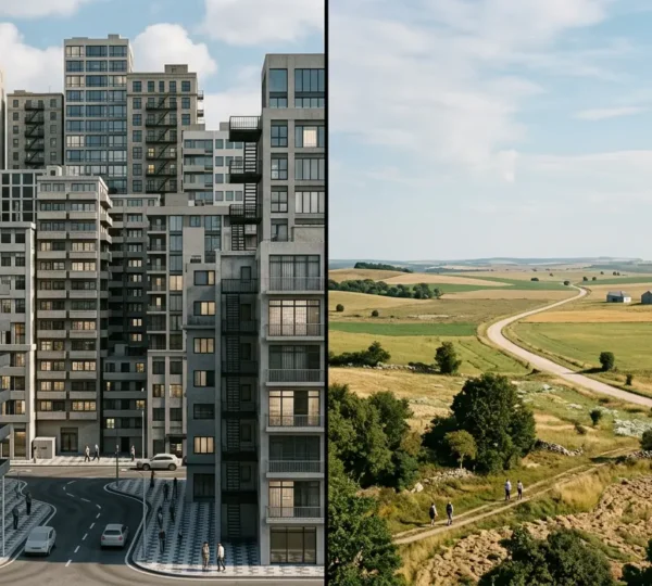 Conceptual split-screen comparison of central urban hotel versus peripheral suburban accommodation with subtle transport cost indicators