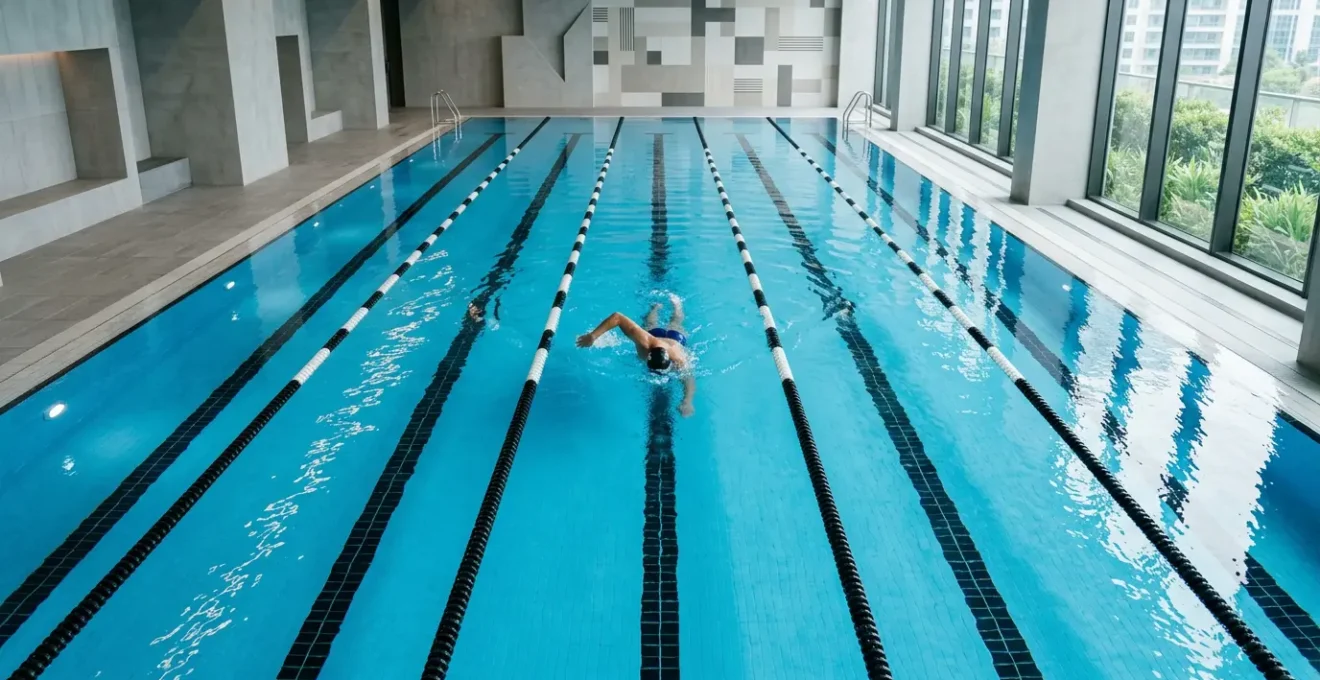 Professional swimmer performing freestyle stroke in modern hotel lap pool with clean lanes and optimal depth