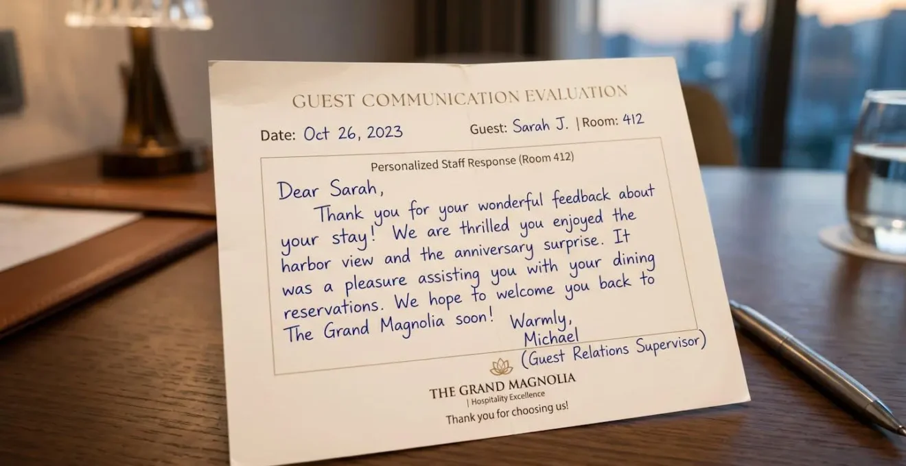Close-up view of hotel communication evaluation showing personalized guest service response