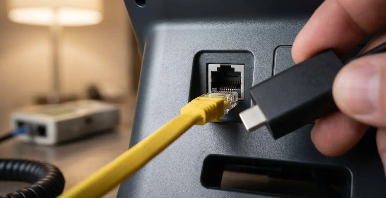 Close-up of business traveler discovering hidden ethernet port behind hotel room desk phone with connectivity kit tools