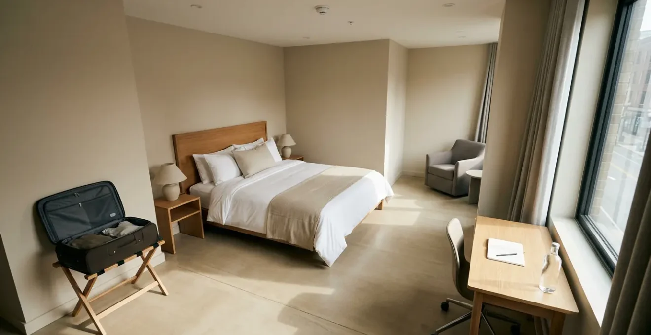 Overhead view of a thoughtfully organized hotel room showing balanced spatial zones for extended stay comfort
