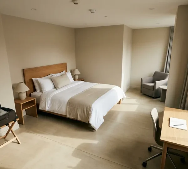 Overhead view of a thoughtfully organized hotel room showing balanced spatial zones for extended stay comfort