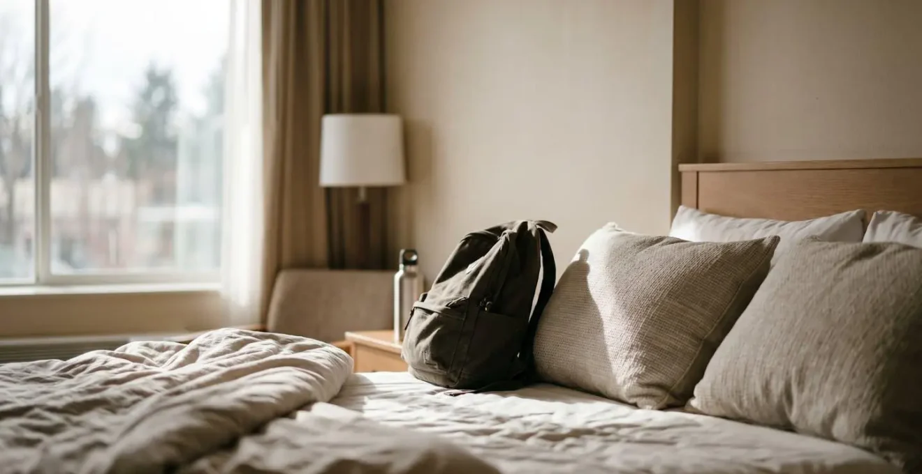 Warm hotel room interior showing comfortable bedding and personal space with natural window lighting