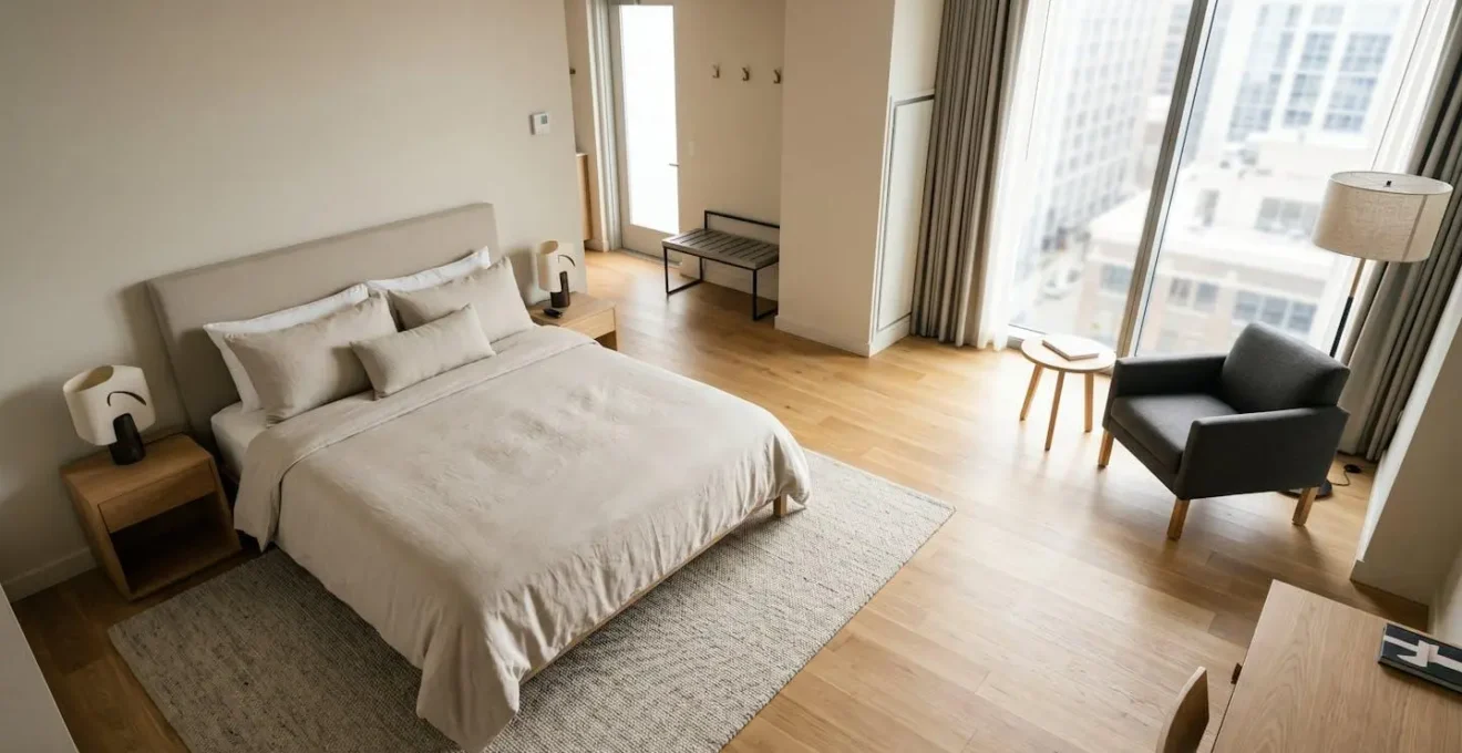 Hotel room interior showing distinct spatial zones with open floor plan and usable space