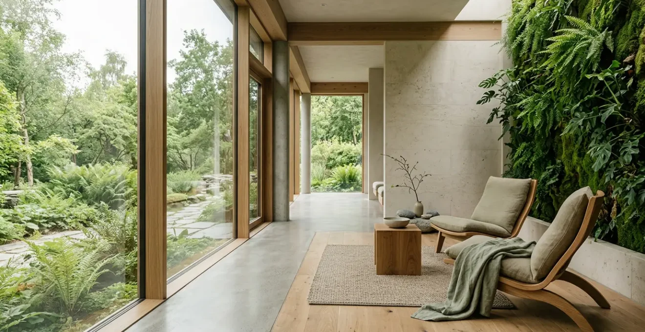 Modern wellness hotel interior with natural elements emphasizing authentic health-focused design