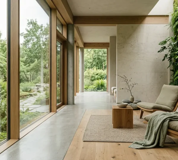 Modern wellness hotel interior with natural elements emphasizing authentic health-focused design