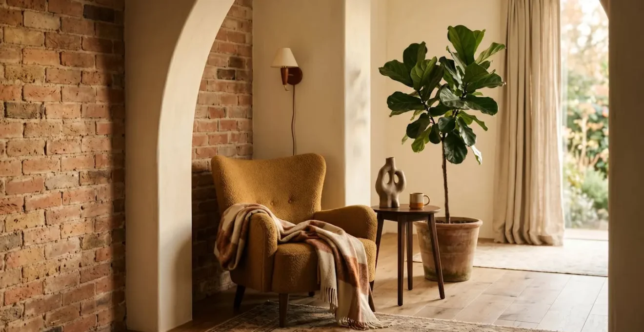 Intimate boutique hotel interior with unique character and warm natural lighting