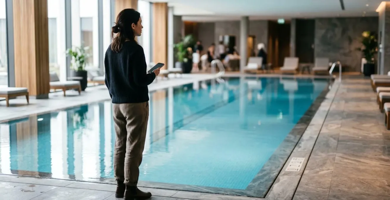 Traveler carefully inspecting hotel indoor pool area to verify quality and equivalence to advertised outdoor facilities