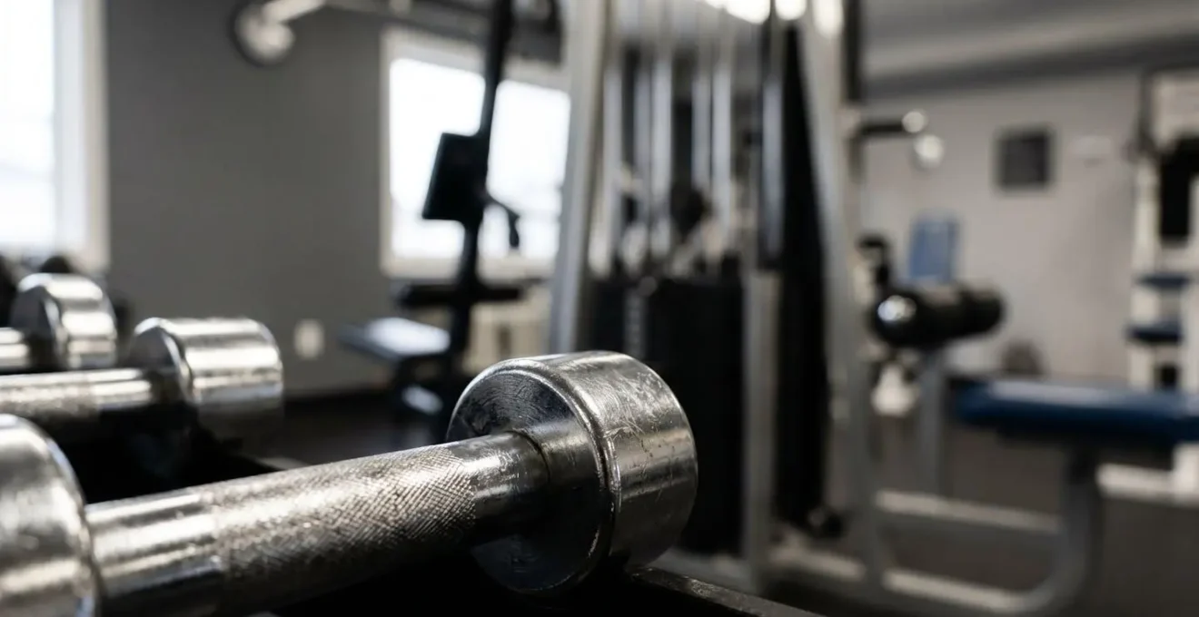 Close-up of lightweight hotel gym dumbbells and simple resistance machines showing equipment limitations