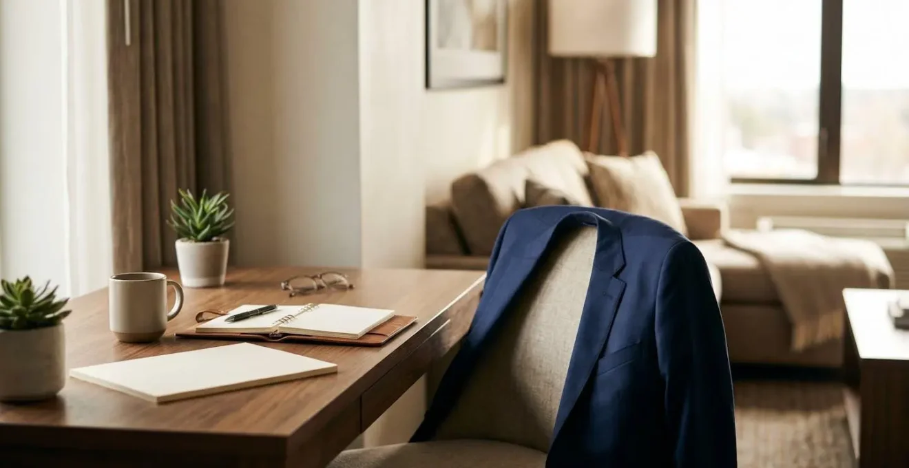Contemporary extended stay hotel workspace showing professional environment for productive long-term living