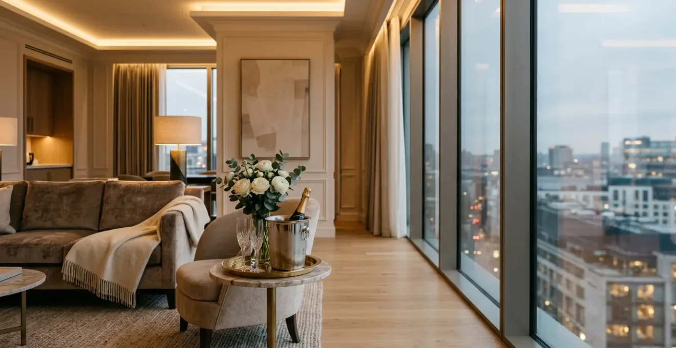 An elegant hotel suite interior showcasing premium luxury amenities and refined design for special celebrations