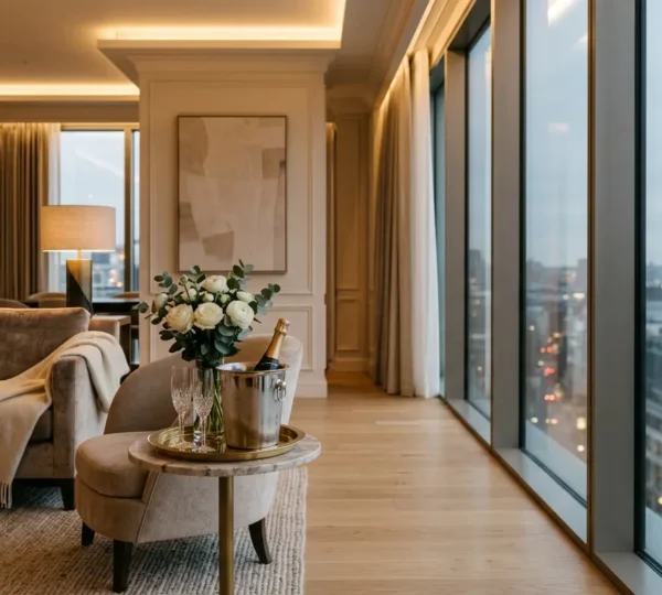 An elegant hotel suite interior showcasing premium luxury amenities and refined design for special celebrations