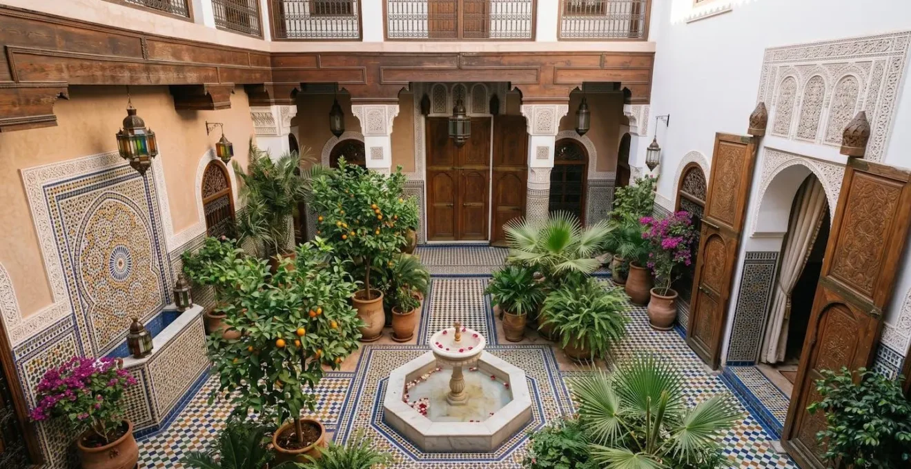 Authentic Moroccan riad courtyard with traditional zellige tiles and natural light creating cultural atmosphere