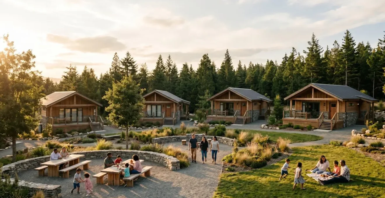 Wide shot of multiple families gathering in a spacious shared outdoor area with separate private units visible in the background, illustrating the group cohesion versus personal space balance