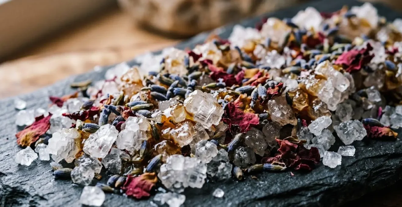 Close-up macro view of natural mineral salt crystals and organic botanical ingredients for body exfoliation