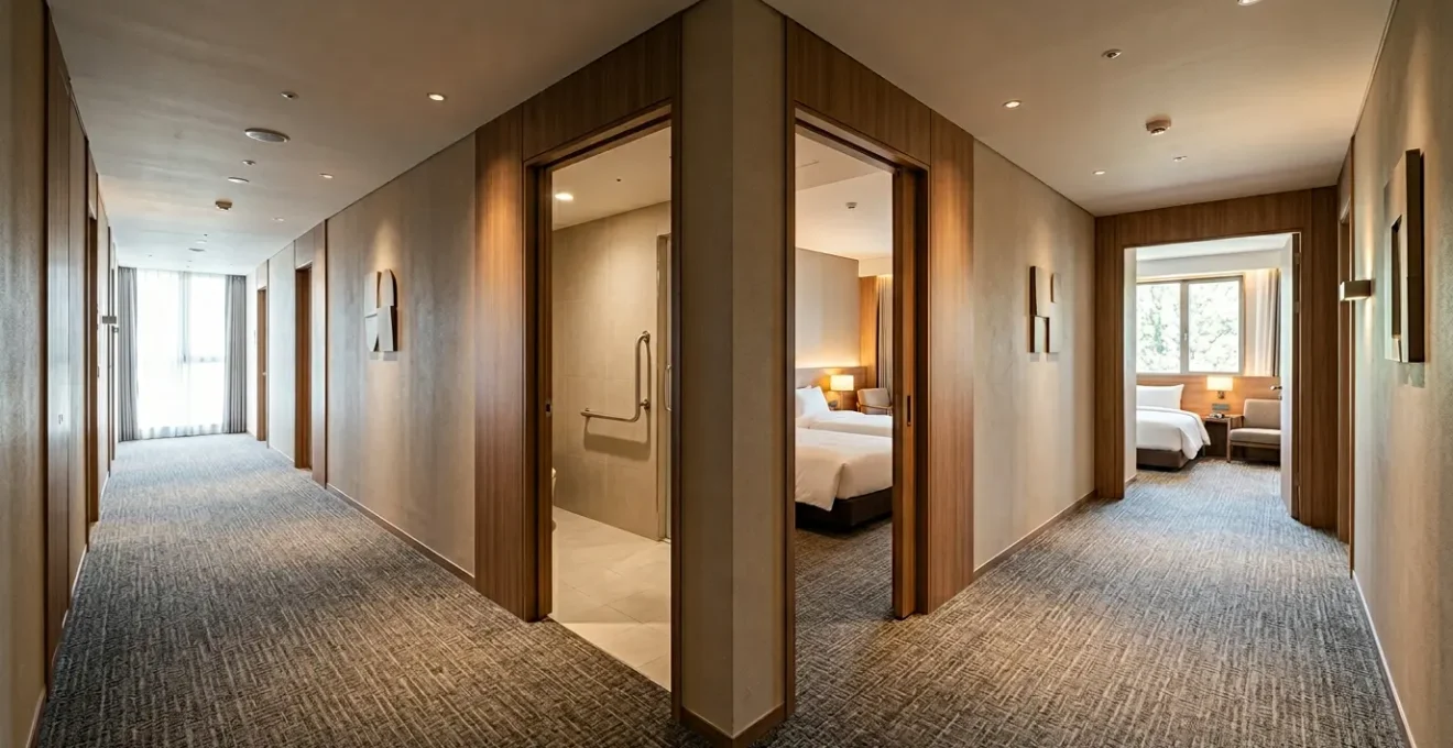 Professional hotel interior showing varied room layouts designed for different family compositions and accessibility requirements