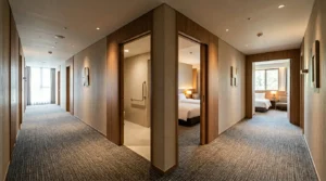 Professional hotel interior showing varied room layouts designed for different family compositions and accessibility requirements