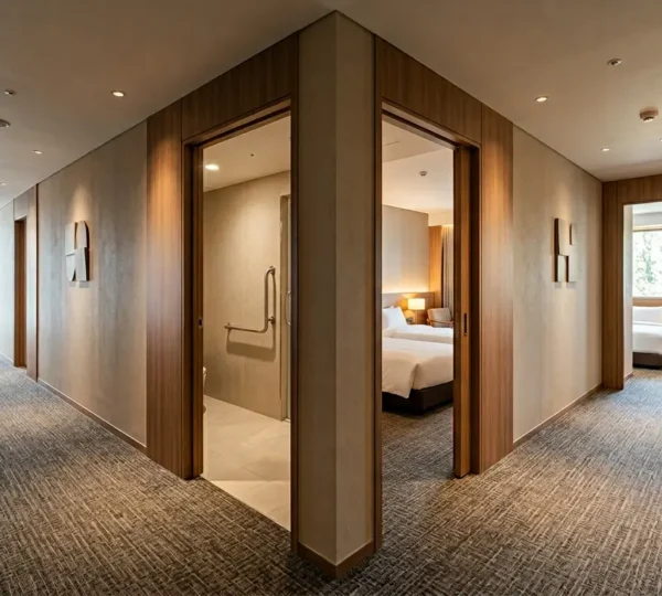 Professional hotel interior showing varied room layouts designed for different family compositions and accessibility requirements
