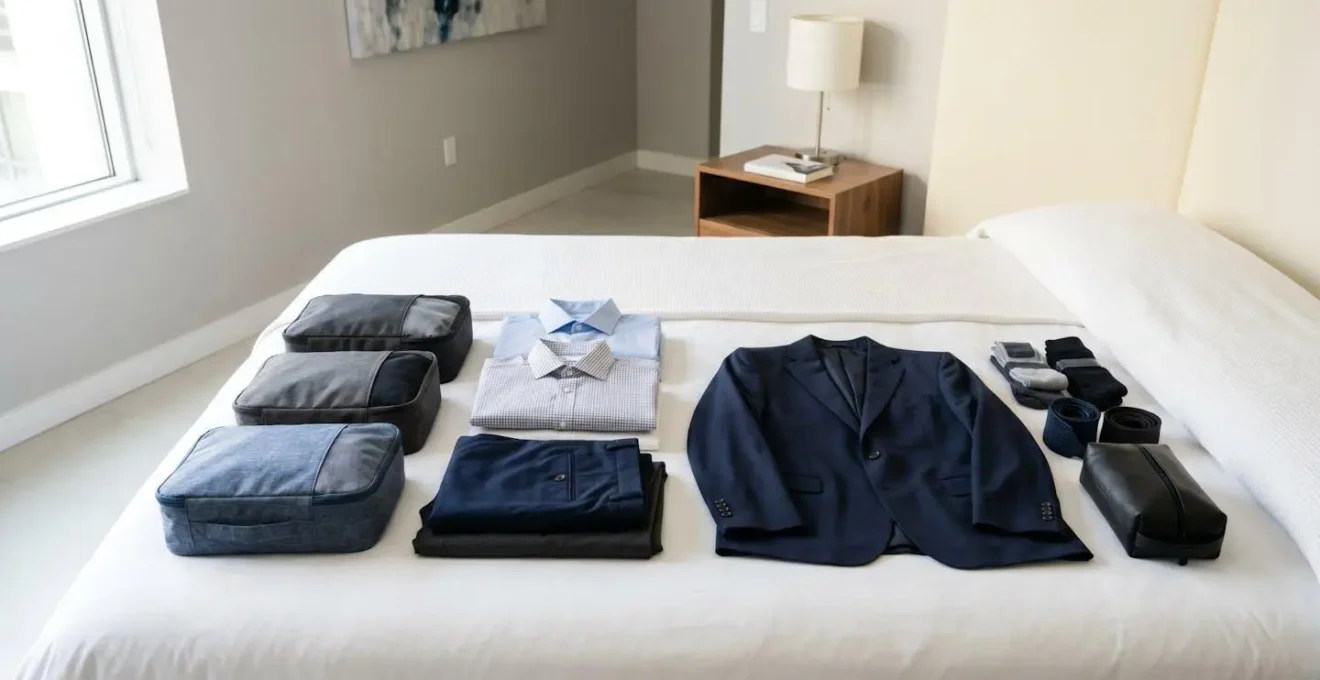 Minimalist composition of wrinkle-free business attire carefully arranged in modern packing organization