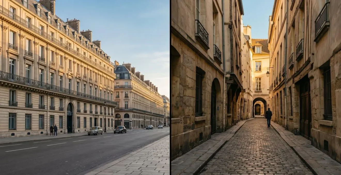 Contrasting Parisian street atmospheres showing monumental versus intimate urban spaces