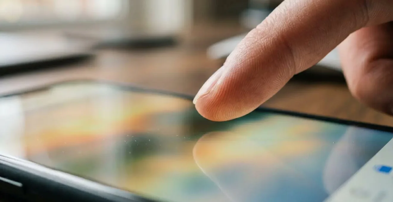 Extreme close-up of finger selecting photos on smartphone with blurred background