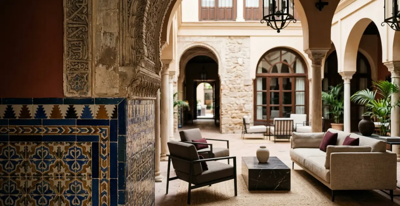 Elegant Spanish historic hotel interior showcasing heritage architecture with contemporary luxury amenities