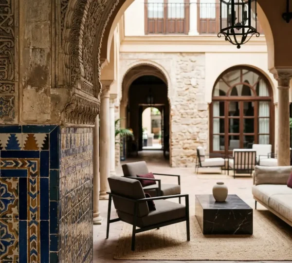 Elegant Spanish historic hotel interior showcasing heritage architecture with contemporary luxury amenities