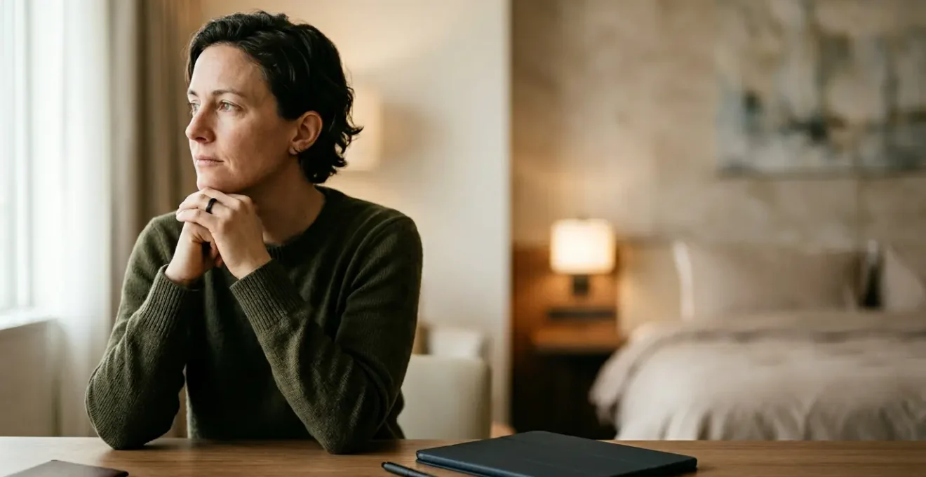 Traveler reviewing hotel booking details with concern to avoid accommodation mistakes
