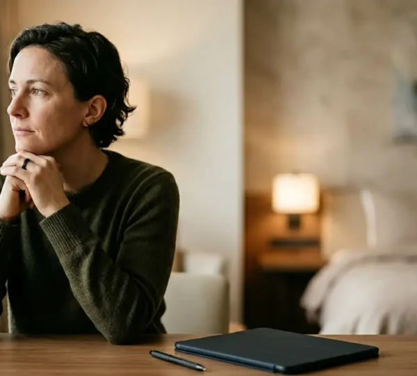 Traveler reviewing hotel booking details with concern to avoid accommodation mistakes
