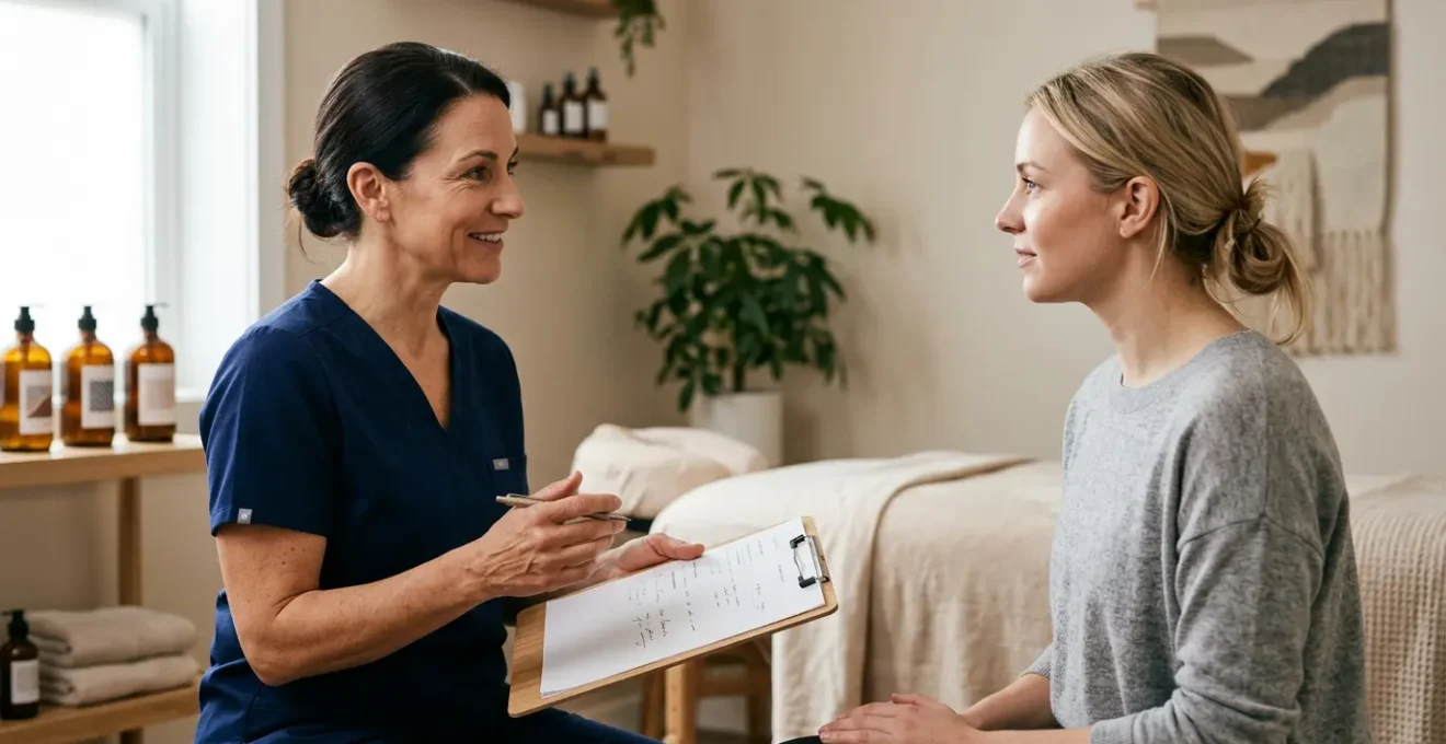 Professional massage therapist consulting with client about specific medical treatment needs in modern wellness environment