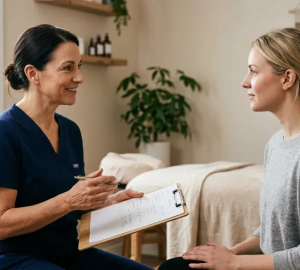 Professional massage therapist consulting with client about specific medical treatment needs in modern wellness environment